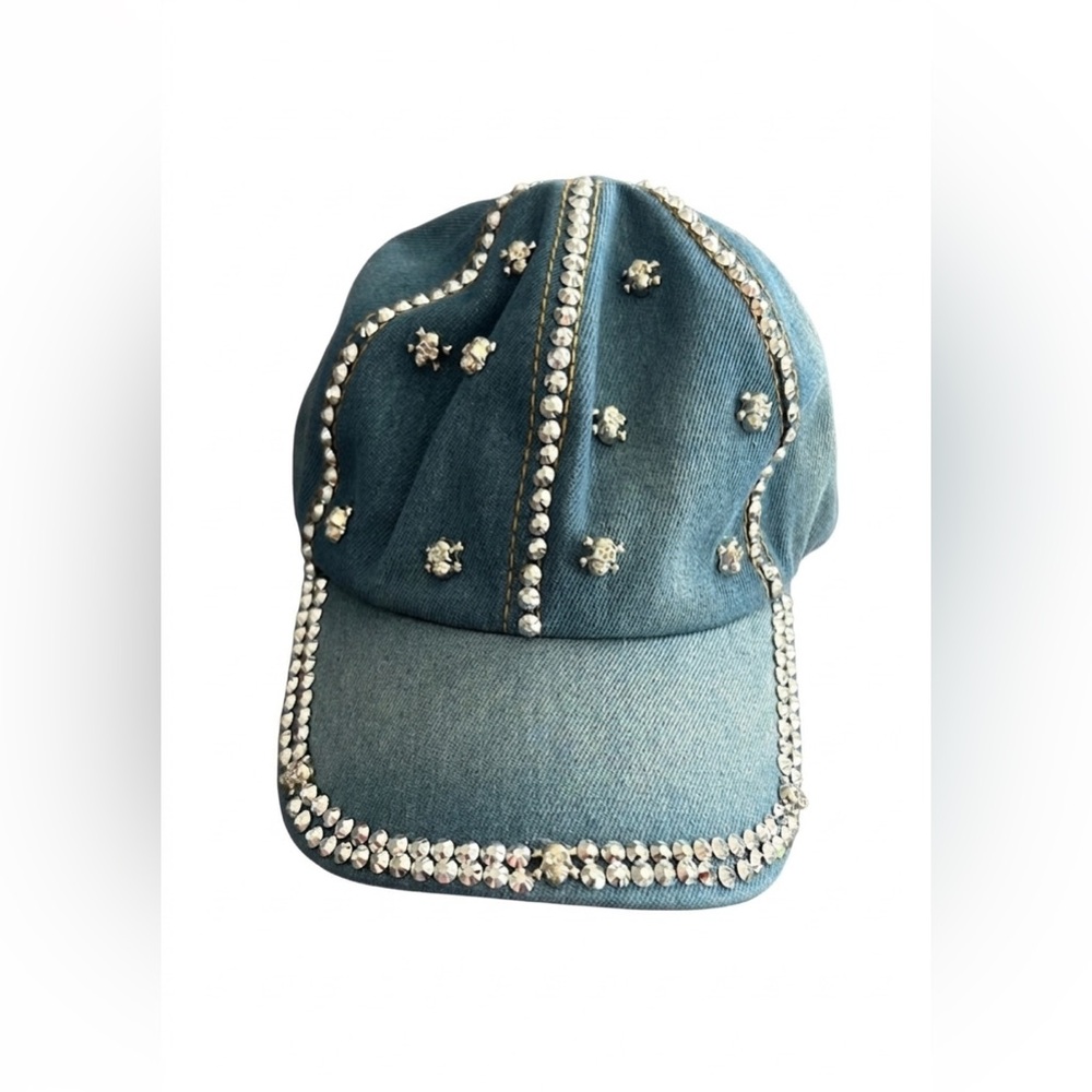 OLIVIA & KATE Denim Bling Baseball Hat Silver Rhinestone Skull Studs NWT